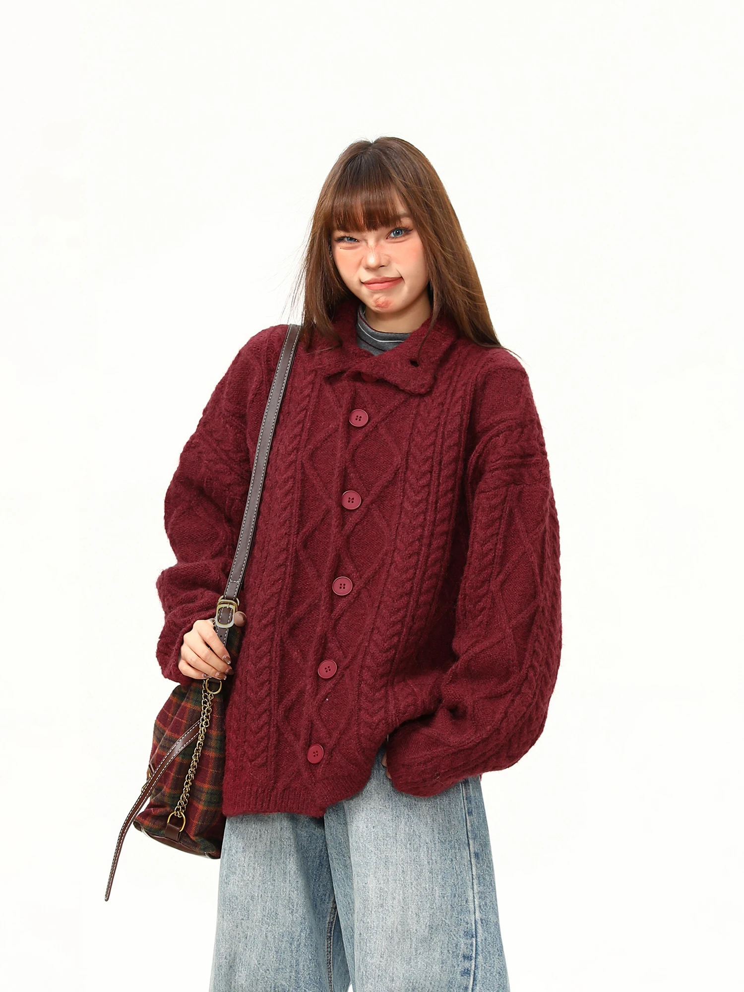 

Wild Original Retro Twisted Knitwear Loose Women's Sweater Red New Year's Outerwear Street Sle Long Sve Collar