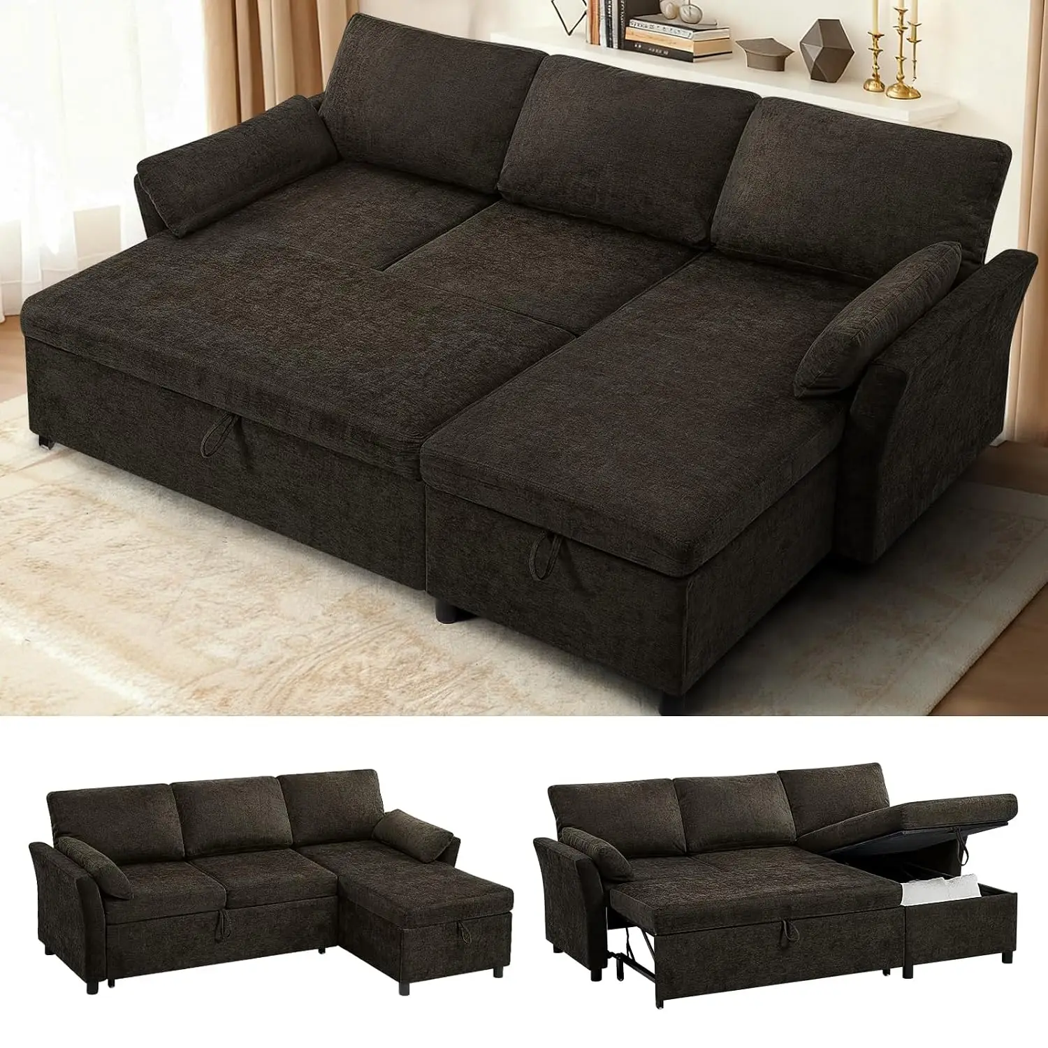 83" Chenille Sectional Sofa with Pull Out Bed, Brown, Customized