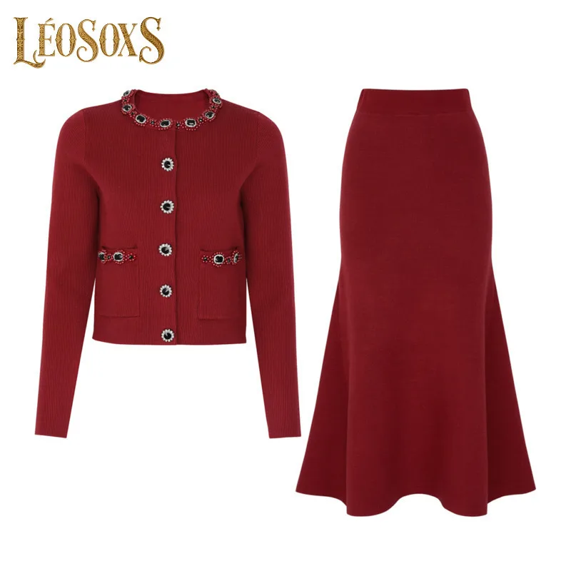 LEOSOXS Women's Embellished Knit Co-Ord Set Long-Sleeve Cardigan & Flared Skirt for Autumn Winter Timeless Daily Glamour 2025