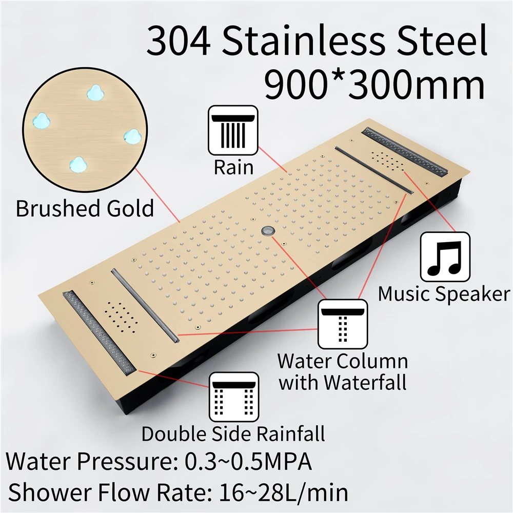 Juego de ducha termostática pulida para montaje en pared con válvula de latón, cabezal de ducha musical LED, patrones de pulverización de lluvia y masaje