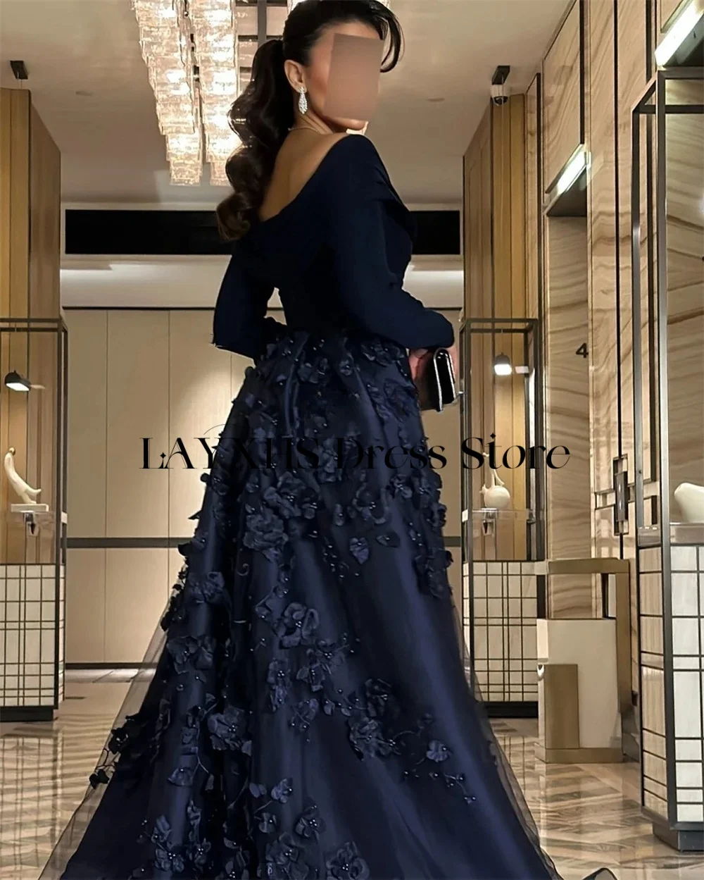 LAYXHS Abiti da sera con spalle scoperte di alta qualità Sirena maniche lunghe Fiori Corte dei treni Abiti da ballo personalizzati