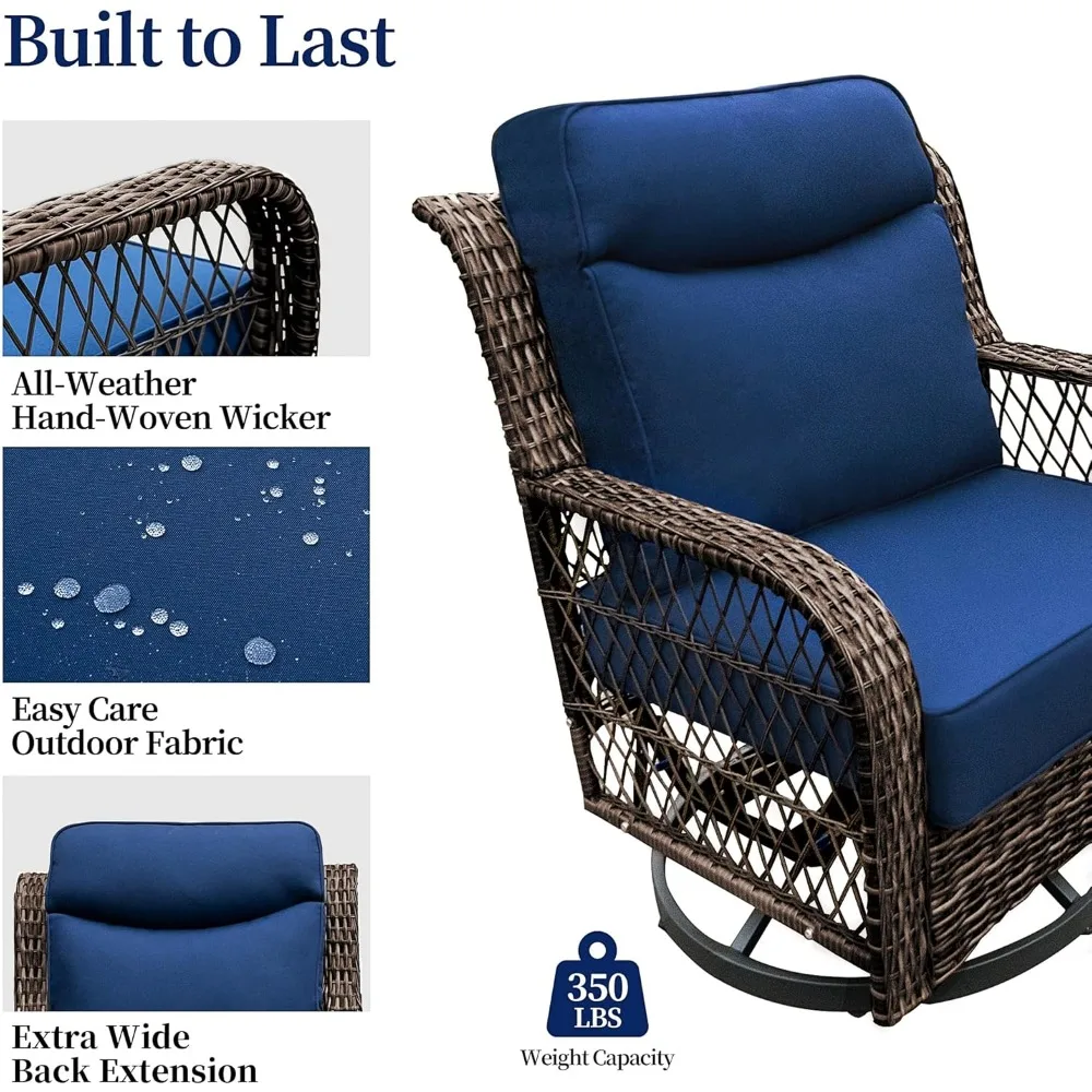 Outdoor Swivel Rocker Chairs 3 Pieces Wicker Swivel Patio Chair with Rattan Side Table, 5" Extra Thick Cushions and 25" Full Sup