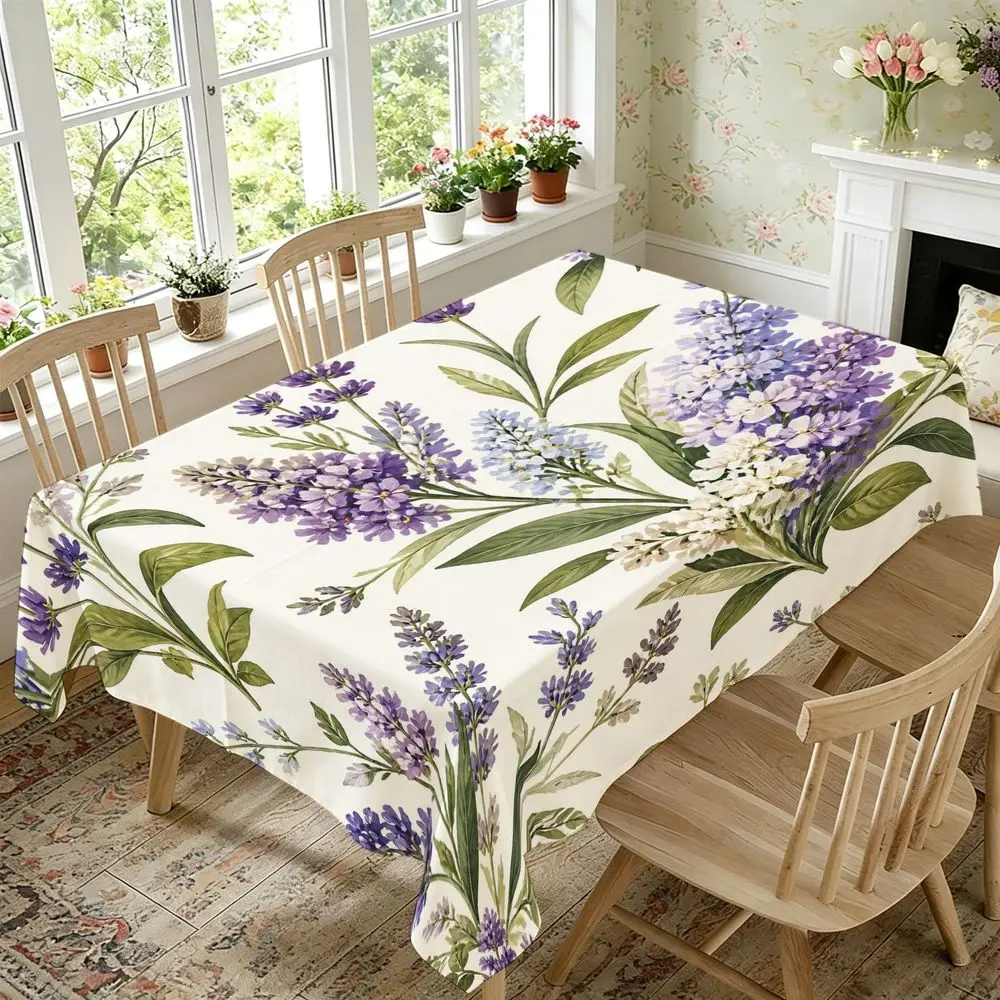 Floral Tablecloth Rectangular White Lilac Wisteria Design Polyester Dining Cloth with Green Leaves, Suitable for Wedding Party Picnic Indoor Outdoor Use Spring Summer Decoration