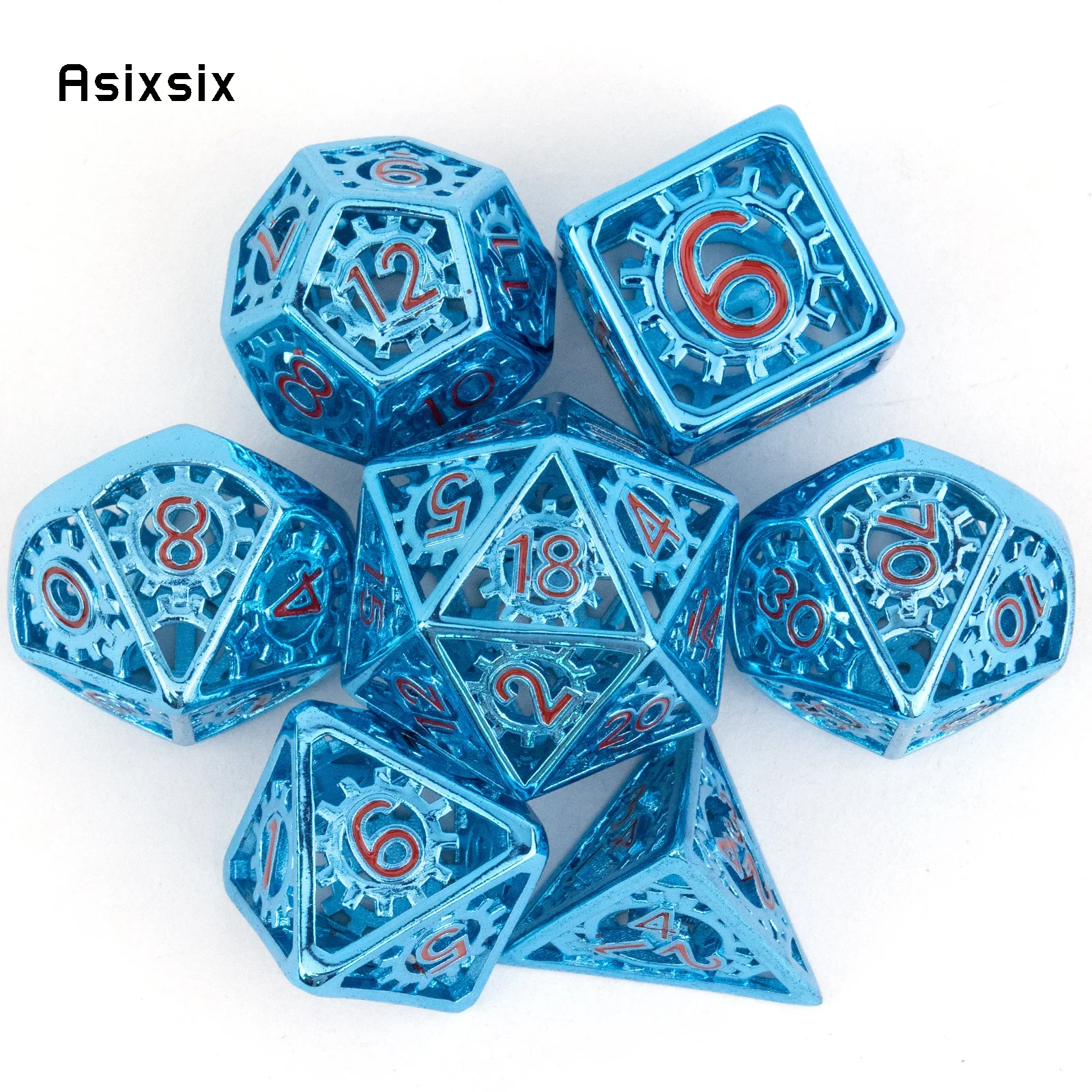 

7 Pcs Red Blue Gear Wheel Metal Dice Hollow Metal Polyhedral Dice Set Suitable for Role-Playing RPG Board Game Card Game