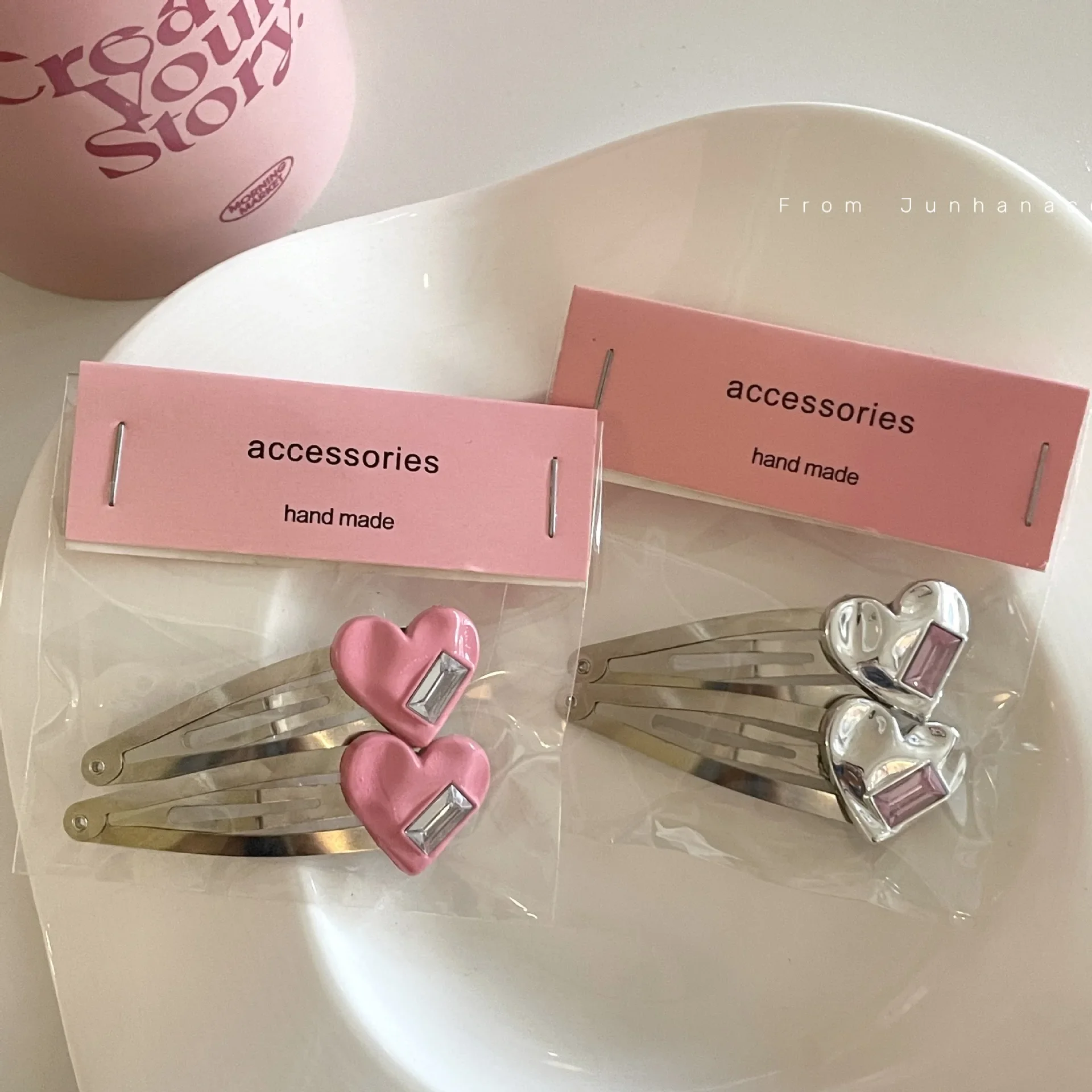 2pcs Set Y2k Sweet Pink Love Crystal Duckbill Clip Girl Temperamental Bangs Clip Forehead Cropped Hair Clip Side Hairpin