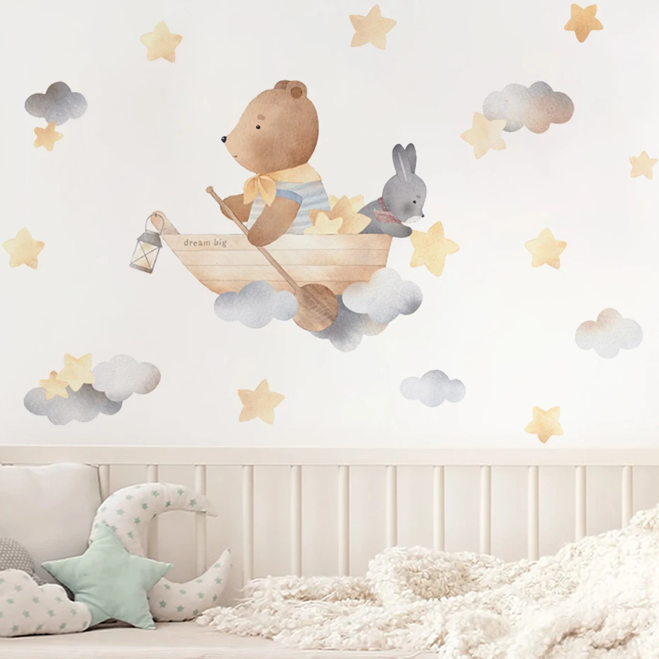 Cartoon Bear Rowing Stars Clouds Wall Stickers for Kids Room Baby Nursery Wall Decals Bedroom Living Room Home Decor Murals