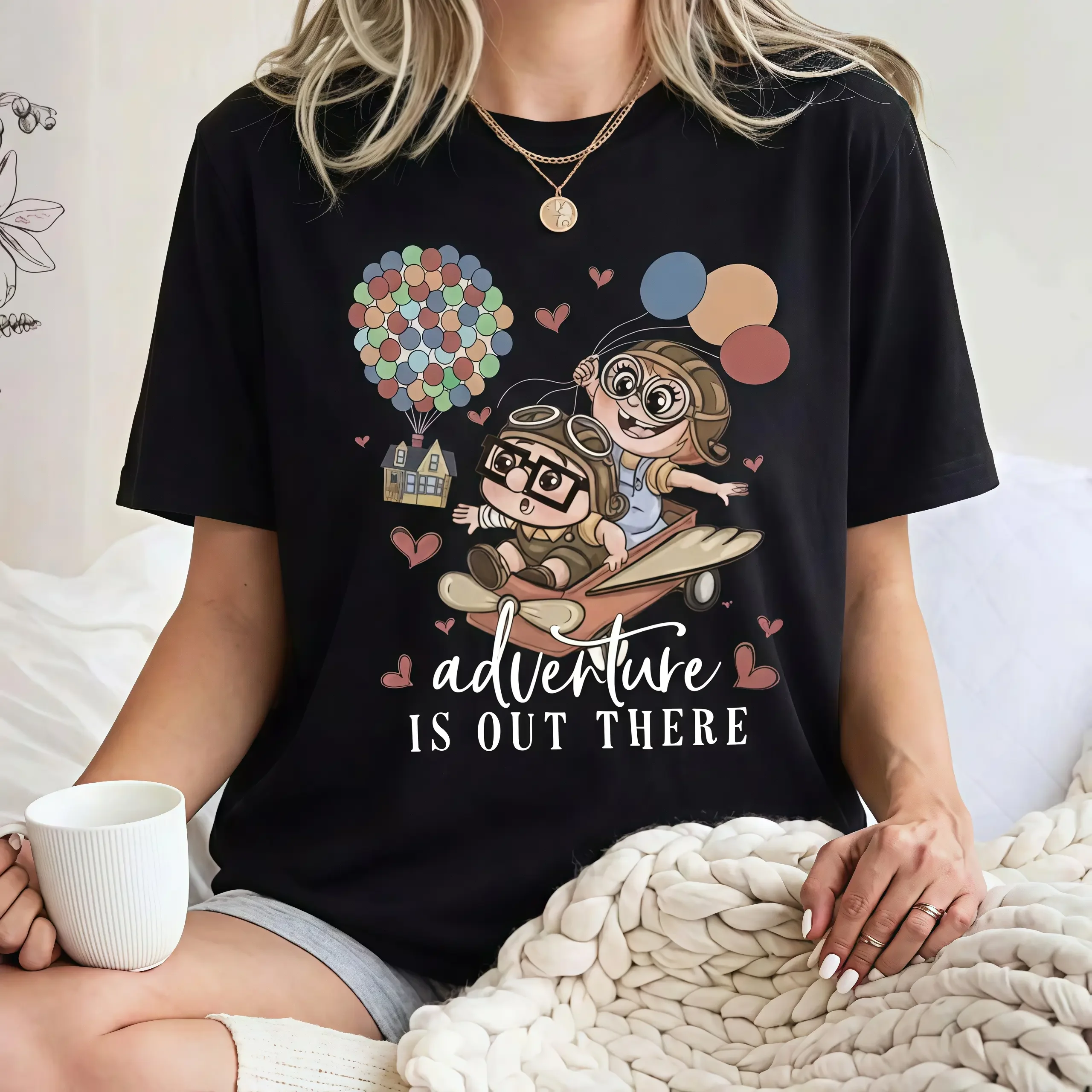 Explore The Adventure With This Cotton T-shirt Featuring Up Balloon Carl And Ellie Design Graphic Tees Menswear Crew Neck Top Womenswear Streetwear Tshirt Short Sleeves Tee