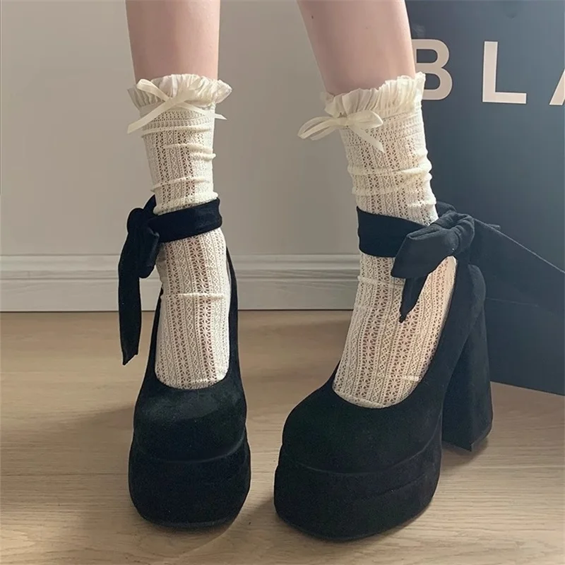 Luxury Suede High Heels Women Designer Platform Mary Jane Shoes Fashion Cross Strap Ladies Elegant Vintage Shallow Pumps Shoes