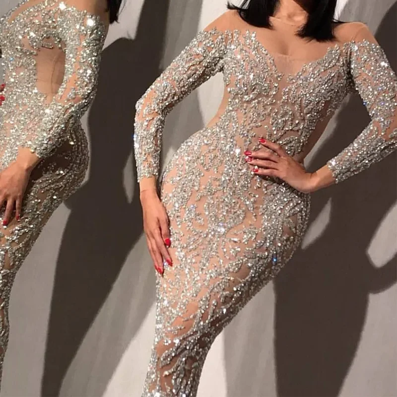 2021 New Style Women's Night Full Dress Sequins Long Sleeve Women Wedding Dresses Bridesmaid Dress