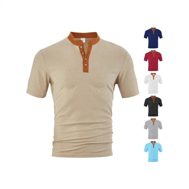 Men's Summer Short Sleeve Henley Shirt Casual Loose Fit Breathable Jacquard Fabric Sweaters Pullovers