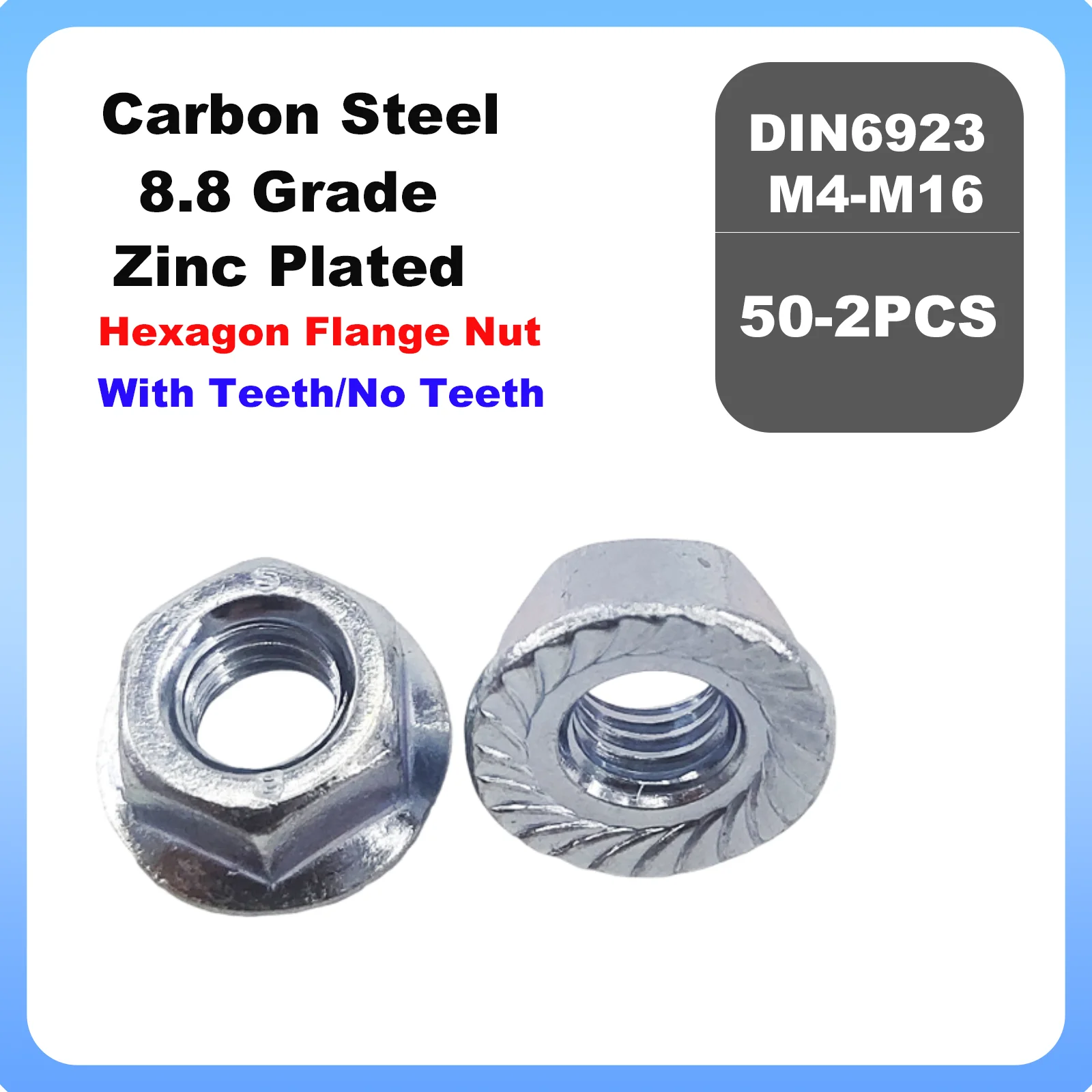 2/5/10/20/50Pcs M4 M5 M6 M8 M10 M12 M14 M16 Gb6177 DIN6923 No Teeth Zinc Plated Hexagon Hex Serrated Lock Spinlock Flange Nut