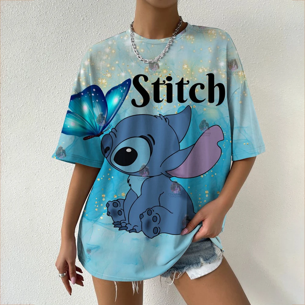 Женская футболка с принтом Kawaii Lilo Stitch, женская летняя детская футболка, повседневная футболка с круглым вырезом Ohana Stitch Disney