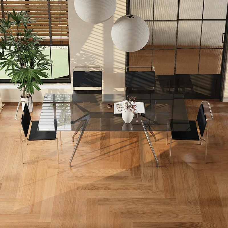 

Modern minimalist Bauhaus stainless steel tempered glass dining table and chairs designer eating table rectangle