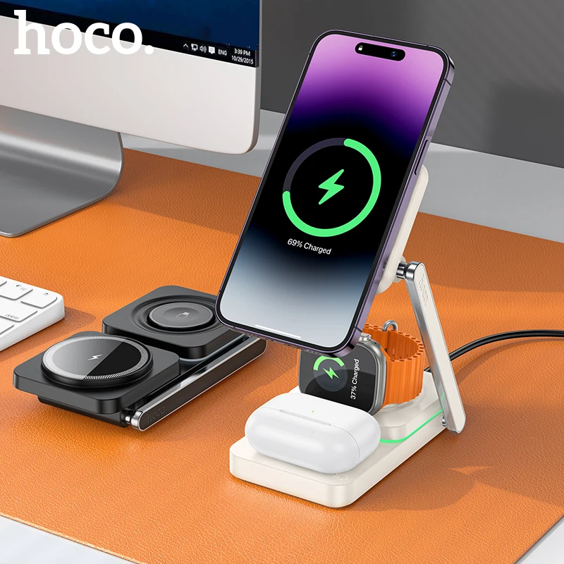 HOCO 3 in 1 Foldable Magnetic Wireless Charger For iPhone 15 14 13 12 Pro Max Dock Station For iWatch 1-9, SE/SE2, Ultra/Ultra2