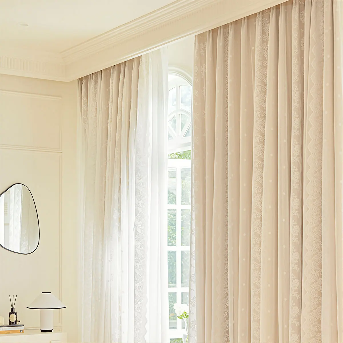 2 Panels Milk Tea Lace Double Layer Hook Curtains, French Cream Gentle Ins Style, Dot Flocked Floral Privacy Sheer Drapes for Be