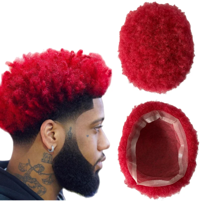 

Malaysian Virgin Human Hair Hairpieces Red 4mm Root Afro Toupee 8x10 Full Lace Units for Black Men