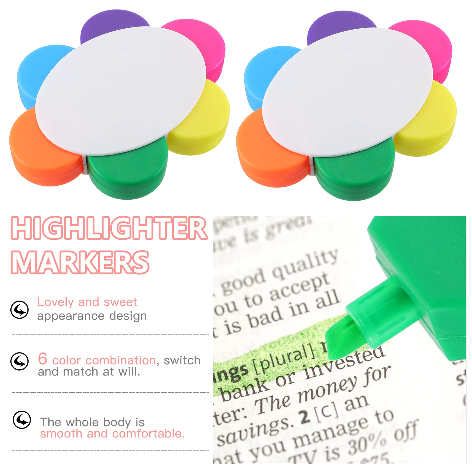 

2 PCS Highlighter Fluorescent Pen Colorful Markers for Student Petal Shape Writing Supplies