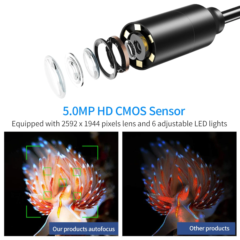 

5MP 1944P 14MM Auto Focal 3in1 USB/WIFI Endoscope Water-proof IP66 CMOS Borescope Inspection Digital Microscope Camera