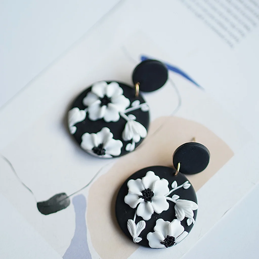 Unique 3D Sculpted Flower Polymer Clay Earrings Monochrome Geometric Round Floral Dangle Artsy Handmade Beautiful Gift for Women