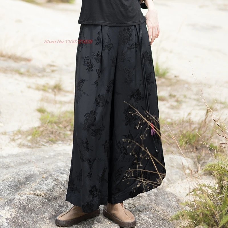 2024 chinese vintage pants national flower embroidery tassels satin jacquard trousers ethnic folk wide leg pants streetwear