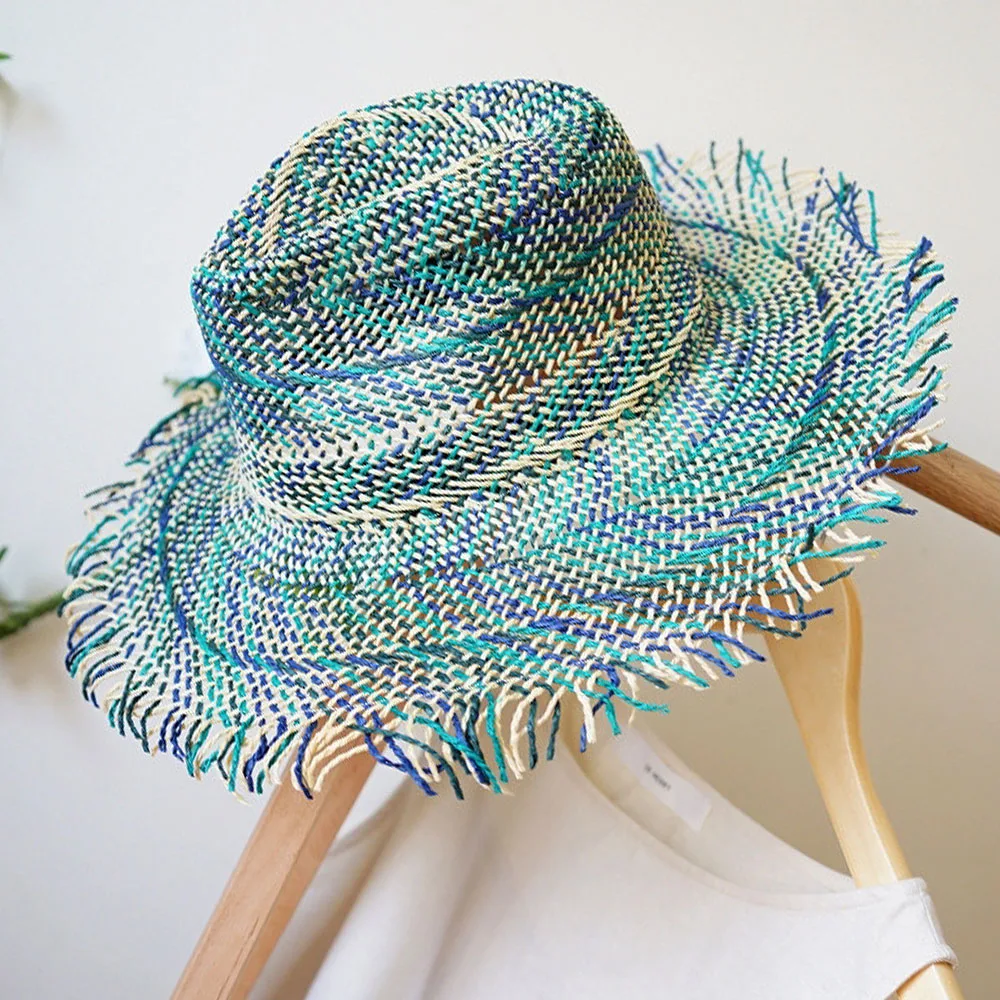 Luxury Designer Tie Die Straw Hat for Wome Panama Hat Summer Fedora Hat Fringed Wide Brim Sun Hat Party Show Holiday Beach Hat