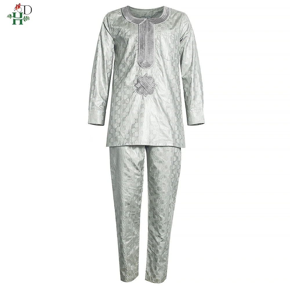 H&D African Clothes For Men Dashiki Top Pant 2 Pieces Outfit Set Riche Grey Embroidery Shirt Trouser Rich Bazin Original Muslim