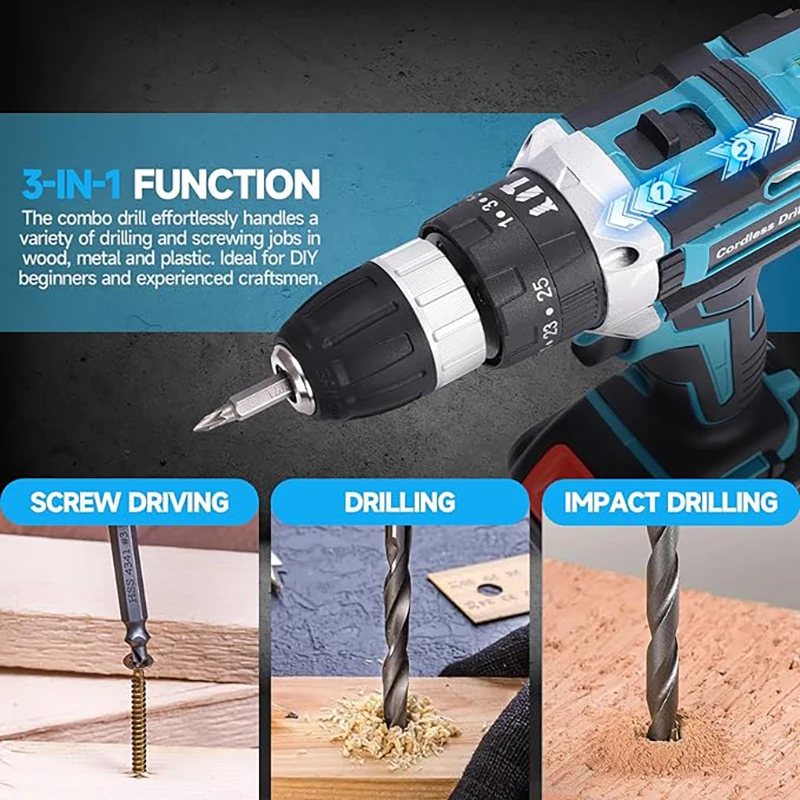 35 N.m Impact Drill High-Power 21V Rechargeable Electric Screwdriver Set 3-in-1 Multi-function Drill Power Tools for Woodworking