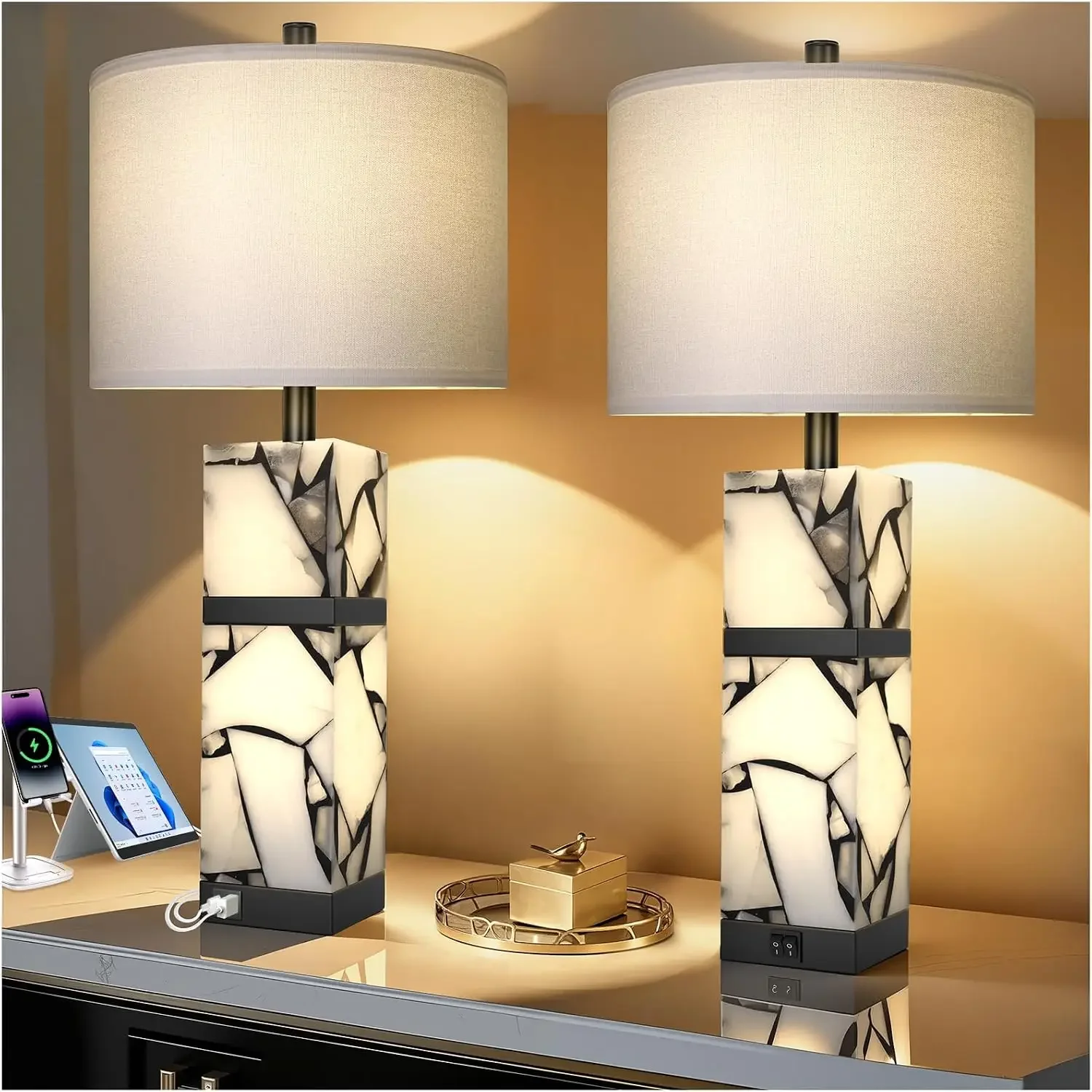 27" Alabaster Table Lamps Set of 2 with Night Light & USB A+C Ports for Living Room Bedroom, Linen Shade, Bulbs Included