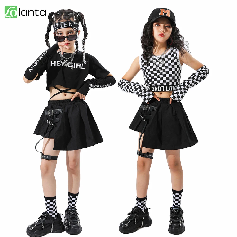 

LOlanta Hip Hop Set for Kids Girls Plaid Crop Top Strap Skirt Child Streetwear Clothes Jazz Set T-shirt Kids Summer Costumes