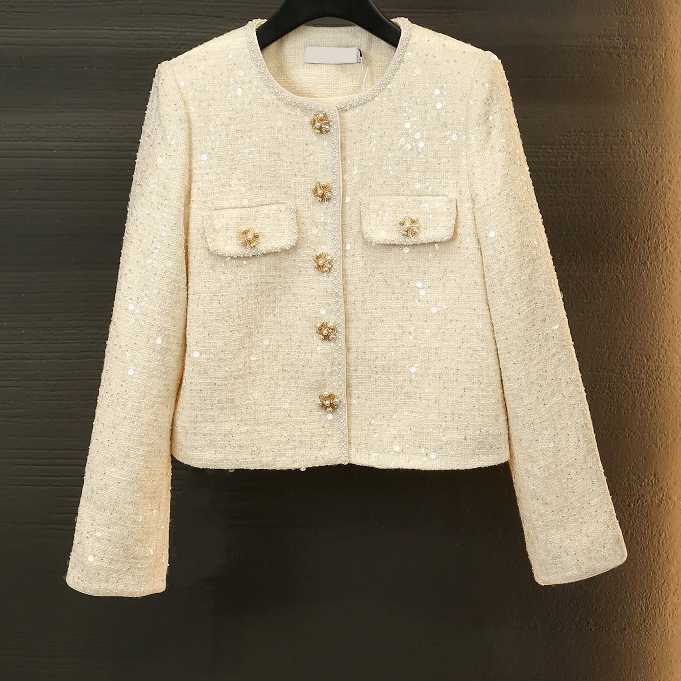 Women's Sequin Jacket Single Breasted O-Neck Long Sleeve Elegant Spring 2024 Coat