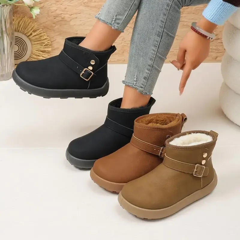 Metal Button Fashion Waterproof Pu Snow Boots Women Winter 2026 Warm Long Plush Thick Bottom Ankle Boots Woman's Cotton Shoes