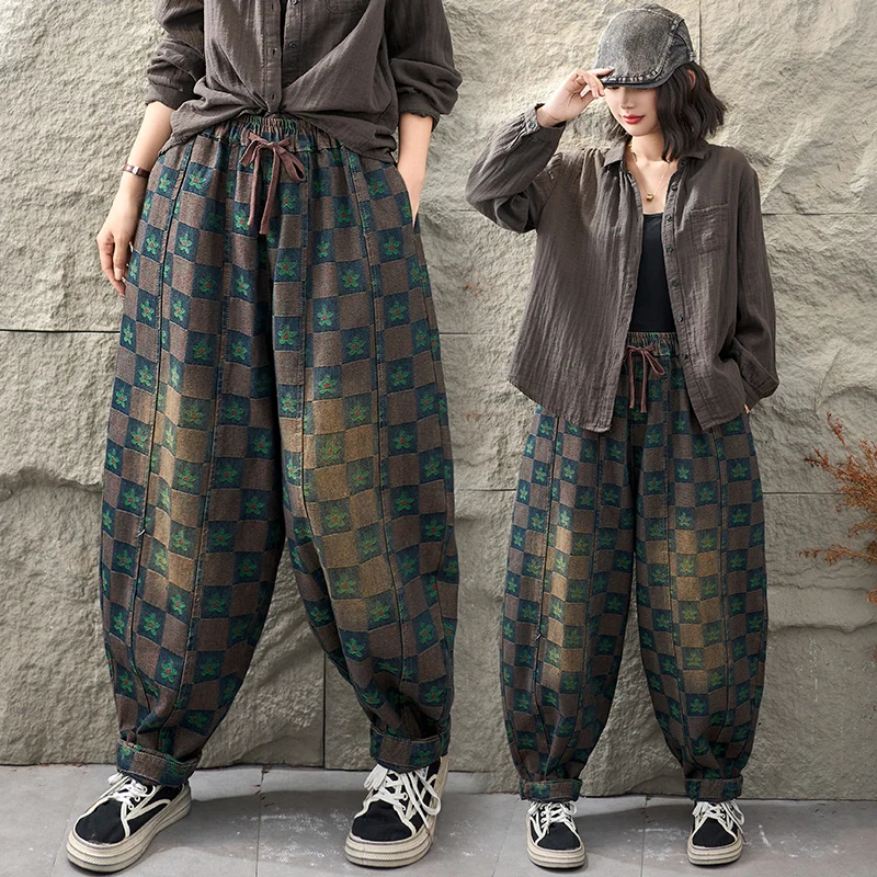 plus Size Casual Jeans Pants Autumn New Plaid Print Loose Fit Elastic Waist Denim Trousers for plus Size Women Comfortable Lo...