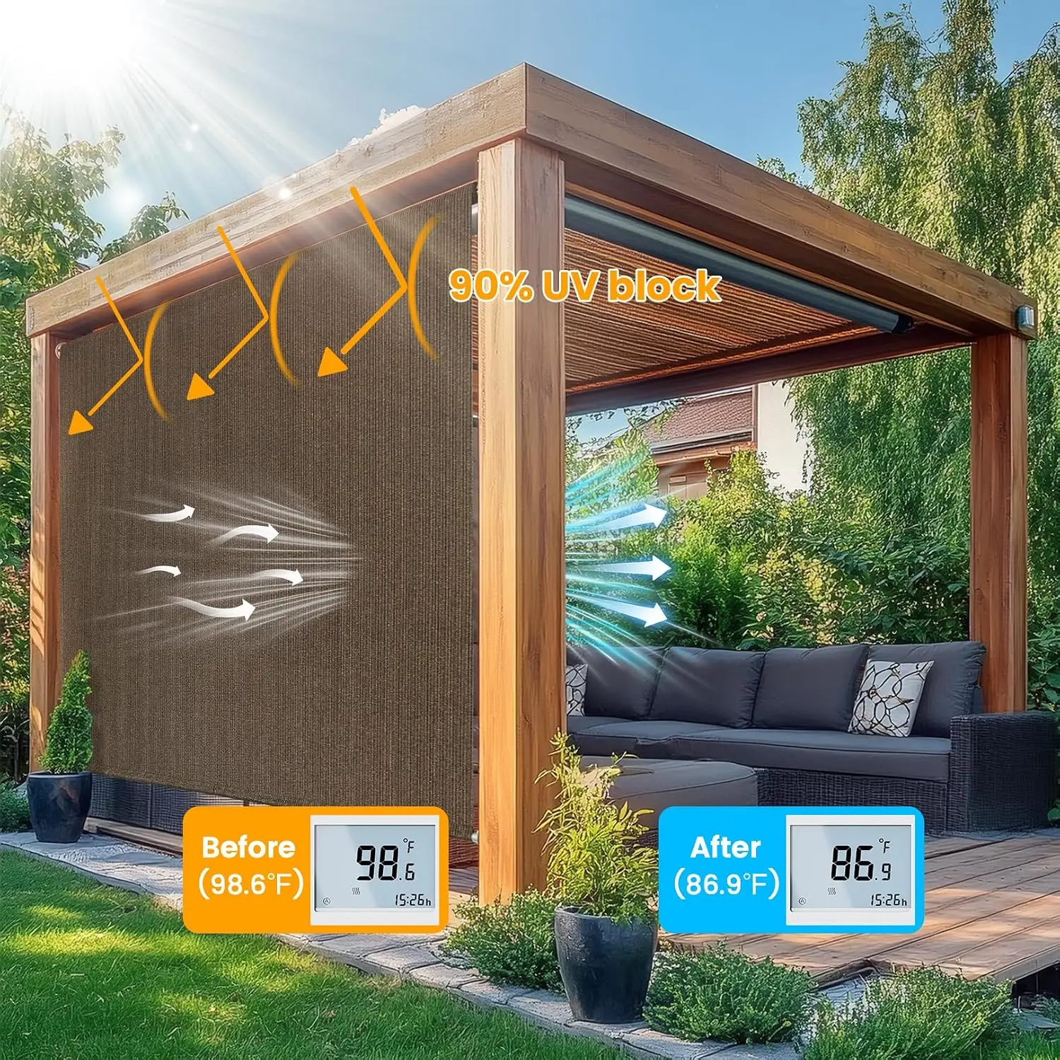 8x8 ft Mocha Patio Roller Shade, Cordless Crank Wand, 90% UV Block, Privacy for Porch Gazebo Pergola
