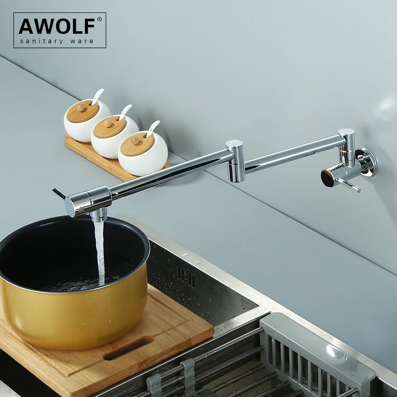 Awolf 10 Colors Solid Brass Pot Filler Chrome Folding Kitchen Faucet Wall Mounted 360 Degree Rotation Sink Faucet FW008