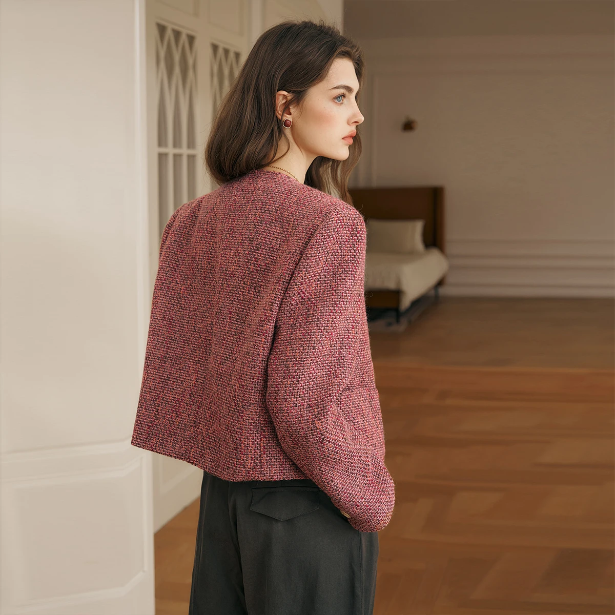 OLrain Women Tweed Short Jacket Luxury Loose Wool 2026 Fall Elegant Full Sleeve Patchwork Jackets Ladies Soft Coat O57QW95860 view 5