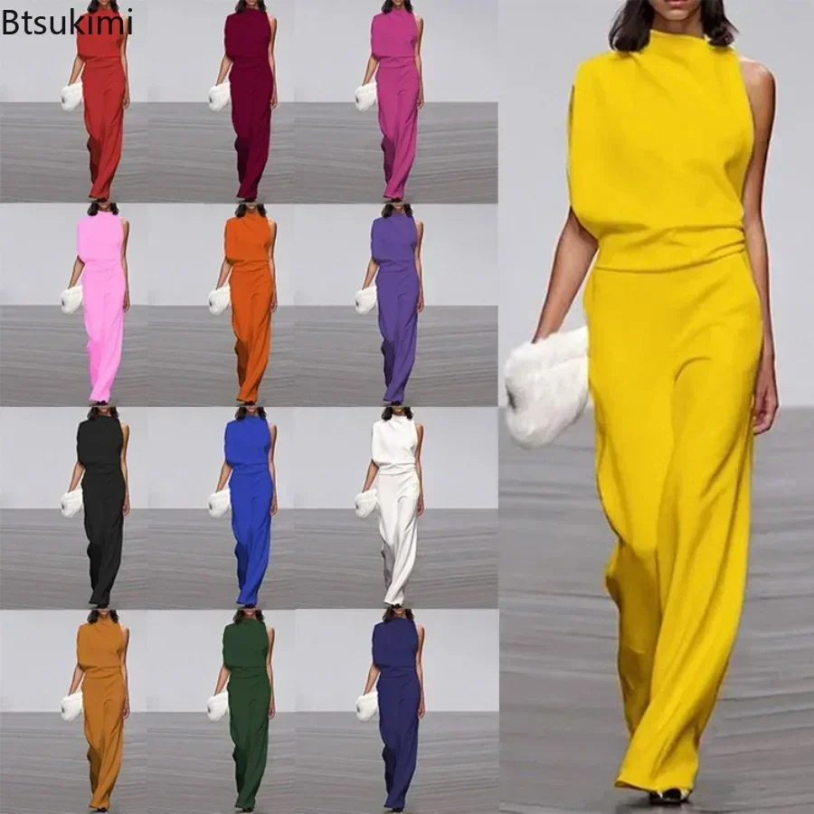 

Новый женский комбинезон 2026 года с открытыми плечами, однотонный, весна-лето, элегантный, с широкими штанинами, для офиса, модный, для вечеринок