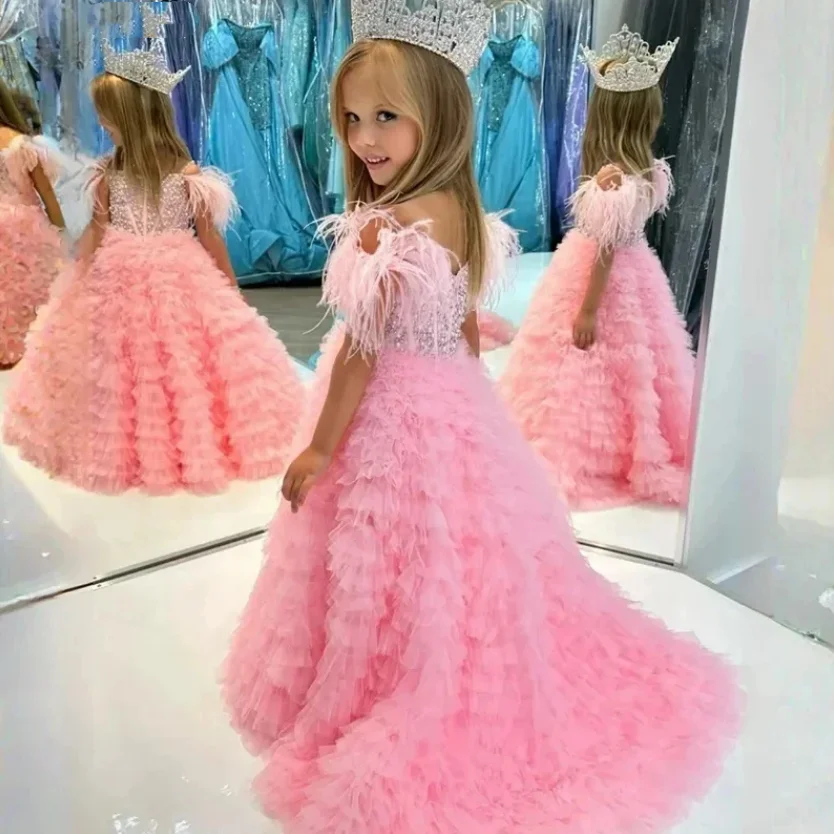 Vestido de lujo para niña, vestido de fiesta de princesa con cuentas de plumas para boda, cumpleaños, vestidos de fiesta de primera comunión 2024