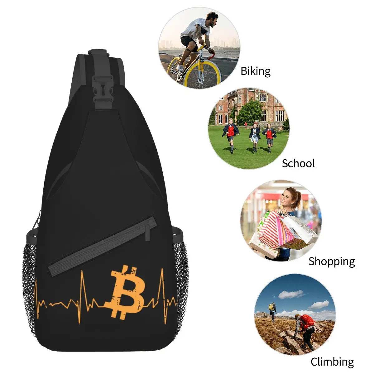 Mochila De Bitcoin Heartbeat Cryptocurrency, bandolera de pecho, bandolera de hombro, mochila de senderismo, mochila de viaje, cadena de bloques de moda