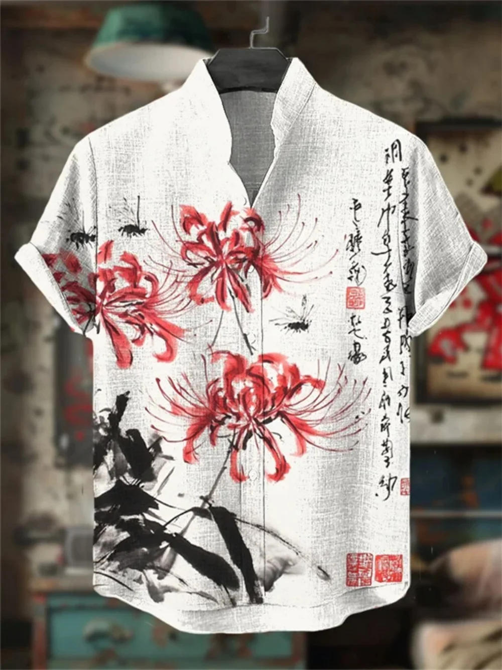 

Men's Vintage Short Sleeve Linen Shirt Stand up Collar Hawaiian Print Cardigan Breathable Fashionable Top for Vacation