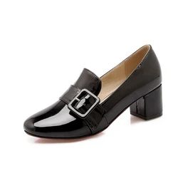 Zapatos De Mujer elegancki Retro wszechstronny grube szpilki okrągły nosk czółenka ze skóry lakierowanej buty damskie duży rozmiar 45 46 47 48 352