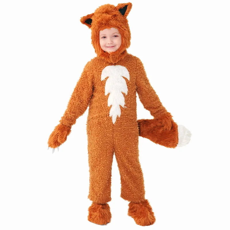 

Furry Animal Cosplay For Boys Fox Halloween Costume Brown Hooded Suit Fox Fancy Dress Up for Girl