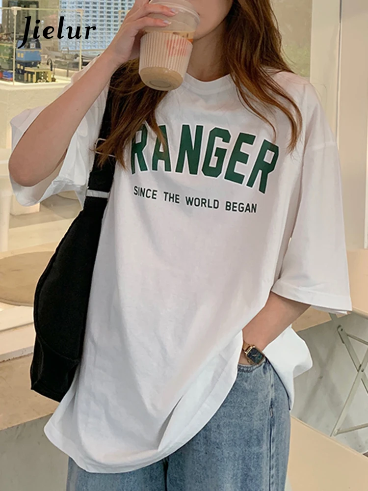 Jielur Basic Letter Women T shirt O-Neck Cool Summer Fashion Female T-shirts White Navy Short Sleeve Loose BF Harajuku Top Tees