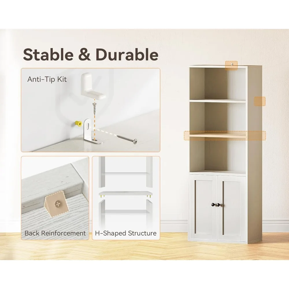 Bodenstehendes 5-stufiges hohes Bücherregal mit Türen, Aufbewahrungsregale für das Heimbüro, platzsparendes Bücherregal für Bücher und Dekoration