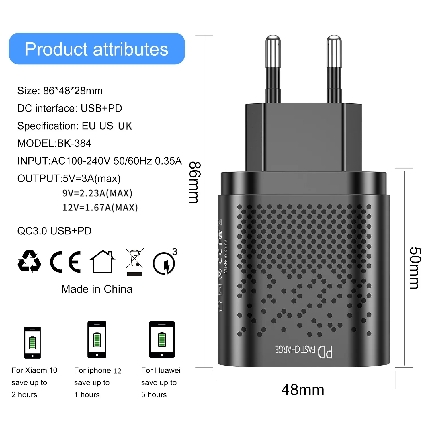 65W Gallium Nitride USB Charger Type C PD Fast Charger For iPhone 13 12 Samsung Huawei Quick Charge QC 4.0 3.0 GaN USB-C Charger