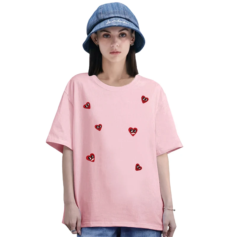 Frauen Baumwolle T-shirt Sommer Oansatz Kurzarm Gerade Lose Tops 3D Stickerei Liebe Herz Auge Bart Muster Casual Tees