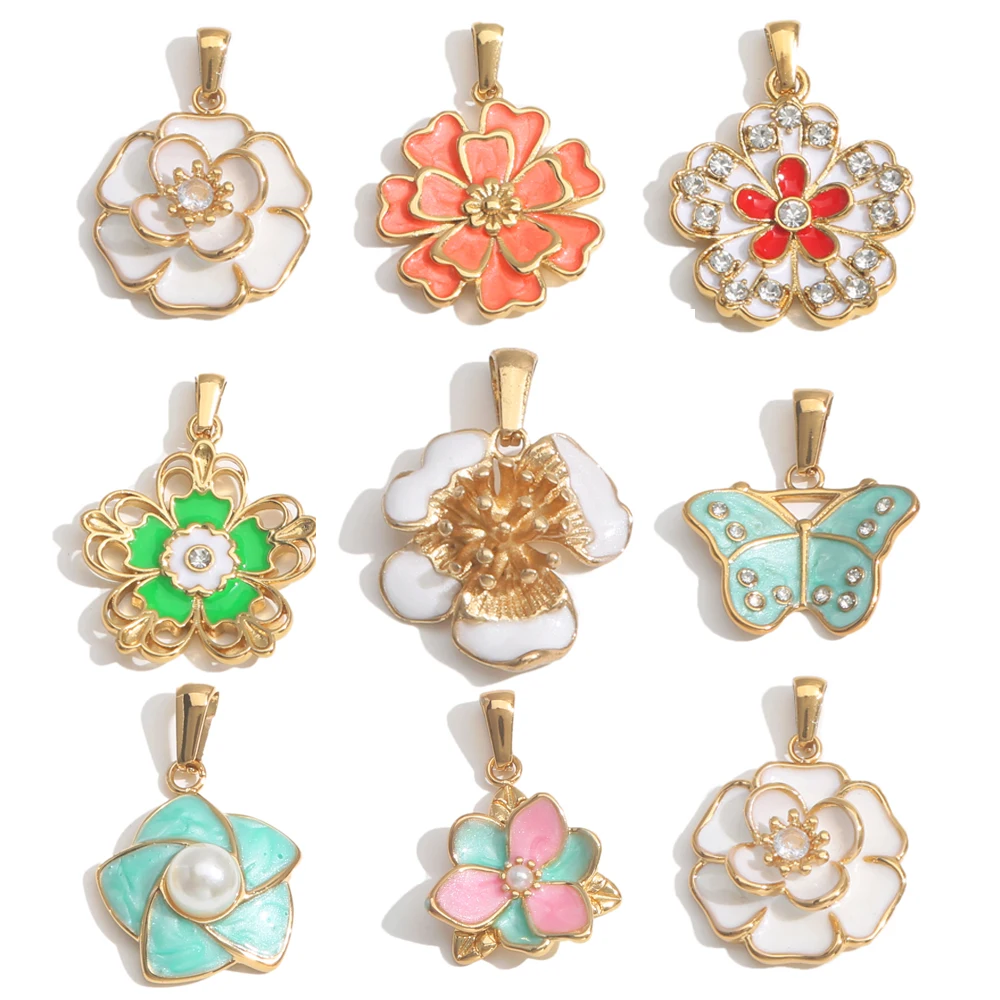 

2pcs Stainless Steel Charm Enamel Flowers with Diamonds Gold-plated DIY Necklace Earrings Jewelry Making Materials Accessories