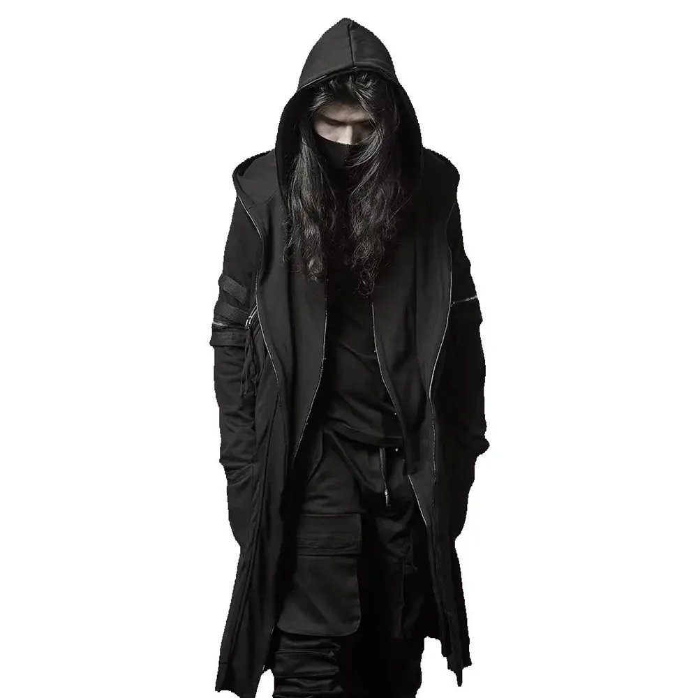 Techwear Style Double Collar Hip Hop Punk Trench Coat Hooded Long Jacket Men Autumn Winter Gothic Vintage Cloak Windbreaker