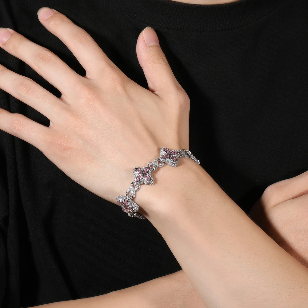 THE BLING KING Iced Out Floral Colored Bracelet For Women 19MM Width Pink Zirconia Clover Infinity Link Chain Lovely Jewelry