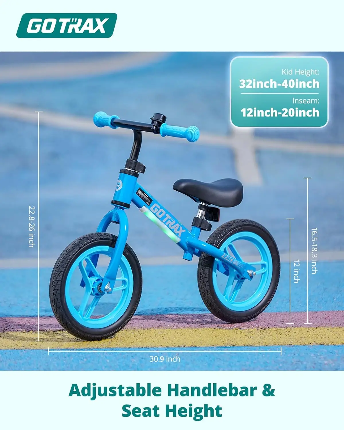 幼児用LEDライト付きバランスバイク、調節可能なソフトシートとハンドルバー付きプッシュバイク、フラットフリータイヤ、組み立てが簡単k、2-5,12"