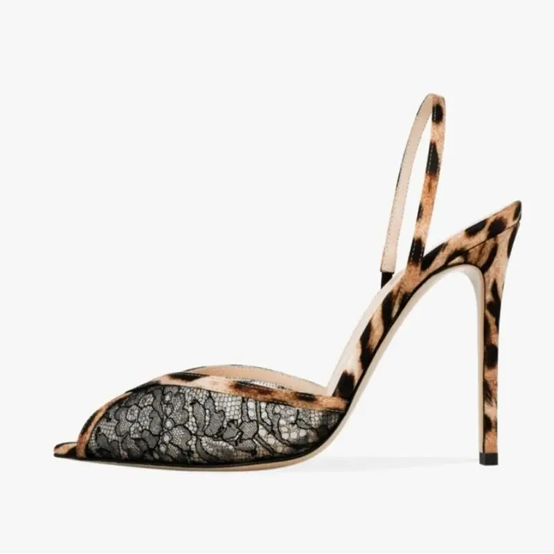 

Sexy Black Lace V Cut Pointy Toe Slingback Shoes Leopard Trim Suede Patchwork Cutouts Thin Heels Women Dress Shoes